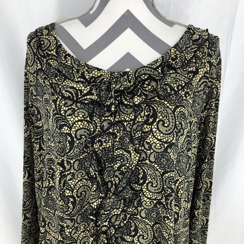 Rafaella Studio Yellow Black Floral Paisley Ruffle Neck 3/4 Sleeve Blouse 3X